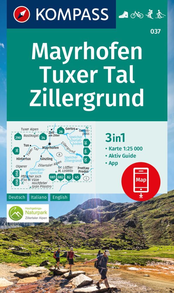 KOMPASS Wanderkarte 037 Mayrhofen, Tuxer Tal, Zillergrund 1:25.000 main product photo