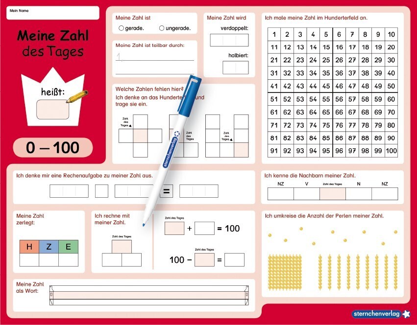 Meine Zahl des Tages 0-100 - wiederbeschreibbare Lerntafel mit Stift - Mathematik main product photo