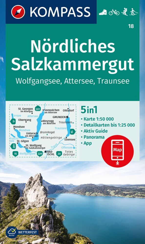KOMPASS Wanderkarte 18 Nördliches Salzkammergut, Wolfgangsee, Attersee, Traunsee 1:50.000 main product photo