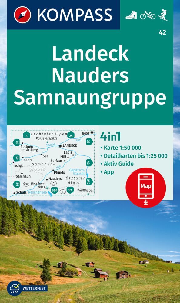 KOMPASS Wanderkarte 42 Landeck, Nauders, Samnaungruppe 1:50.000 main product photo