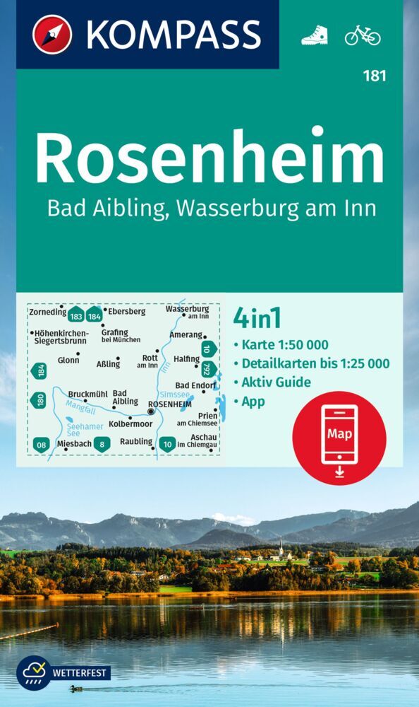 KOMPASS Wanderkarte 181 Rosenheim, Bad Aibling, Wasserburg am Inn 1:50.000 main product photo