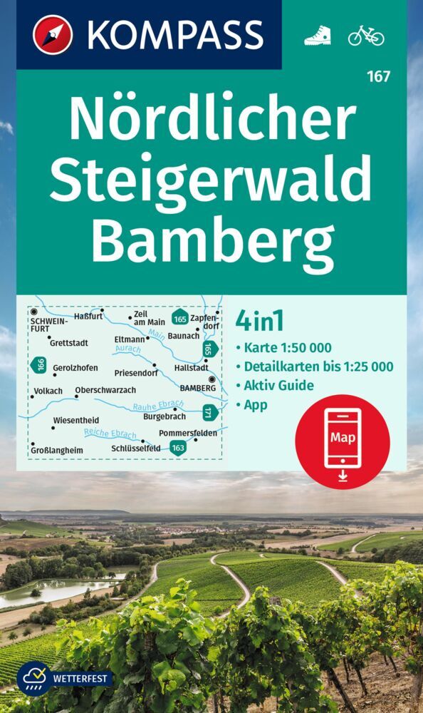 KOMPASS Wanderkarte 167 Nördlicher Steigerwald, Bamberg 1:50.000 main product photo