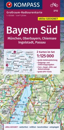 KOMPASS Großraum-Radtourenkarte 3712 Bayern Süd, Oberbayern, Chiemsee, Ingolstadt, Passau, München, 1:125.000