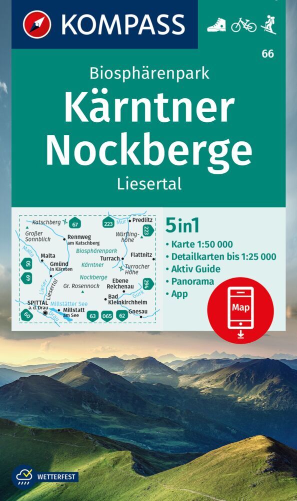 KOMPASS Wanderkarte 66 Biosphärenpark Kärntner Nockberge, Liesertal 1:50.000 main product photo