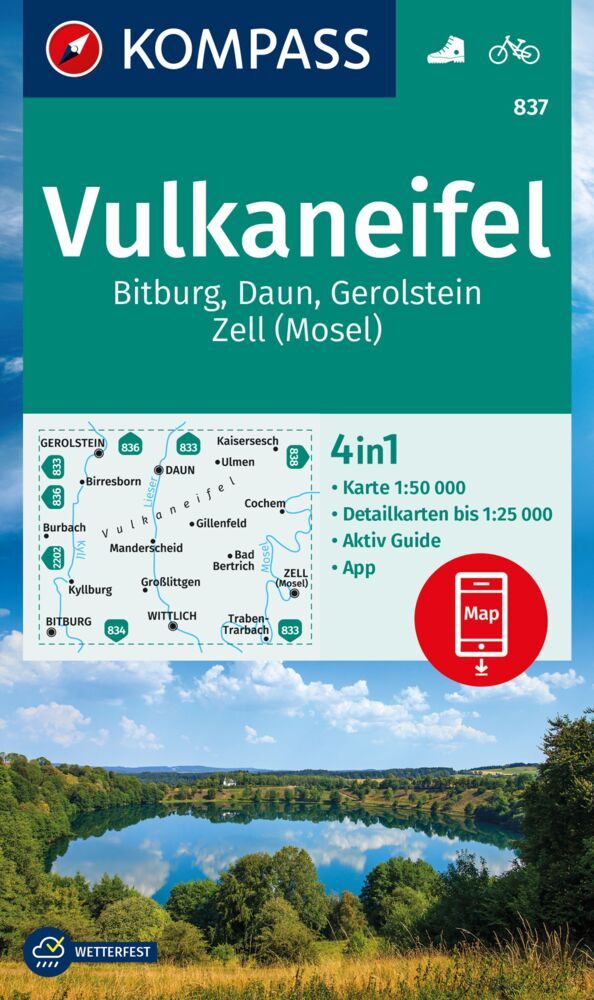 KOMPASS Wanderkarte 837 Vulkaneifel, Bitburg, Daun, Gerolstein, Zell (Mosel) 1:50.000 main product photo