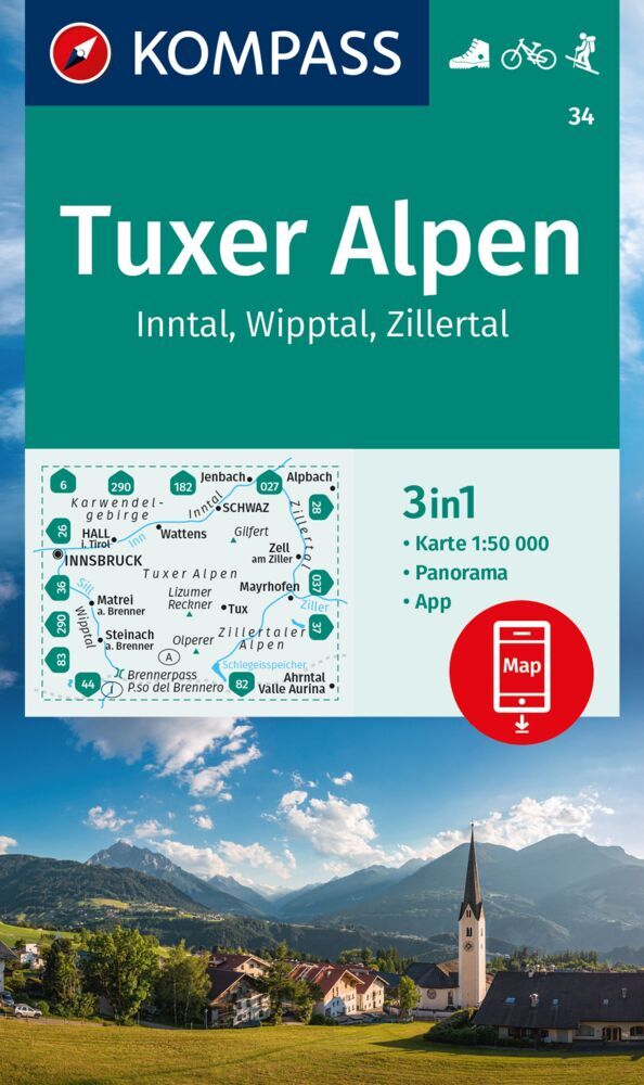 KOMPASS Wanderkarte 34 Tuxer Alpen, Inntal, Wipptal, Zillertal 1:50.000 main product photo