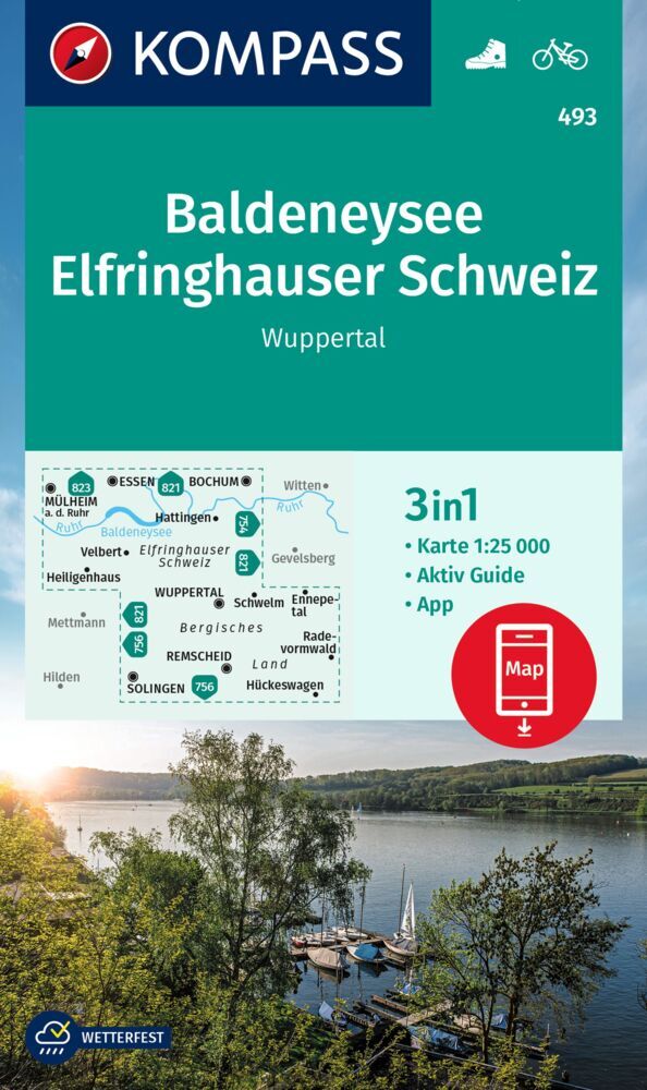 KOMPASS Wanderkarte 493 Baldeneysee, Elfringhauser Schweiz, Wuppertal 1:25.000 main product photo