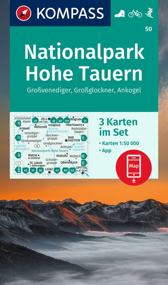 KOMPASS Wanderkarten-Set 50 Nationalpark Hohe Tauern, Großvenediger, Großglockner, Ankogel (3 Karten) 1:50.000 main product photo