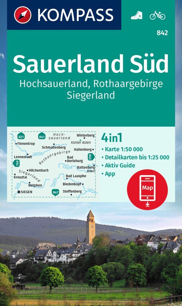 KOMPASS Wanderkarte 842 Sauerland Süd, Hochsauerland, Rothaargebirge, Siegerland 1:50.000 main product photo