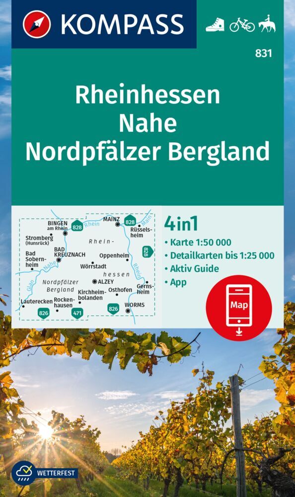 KOMPASS Wanderkarte 831 Rheinhessen, Nahe, Nordpfälzer Bergland 1:50.000 main product photo