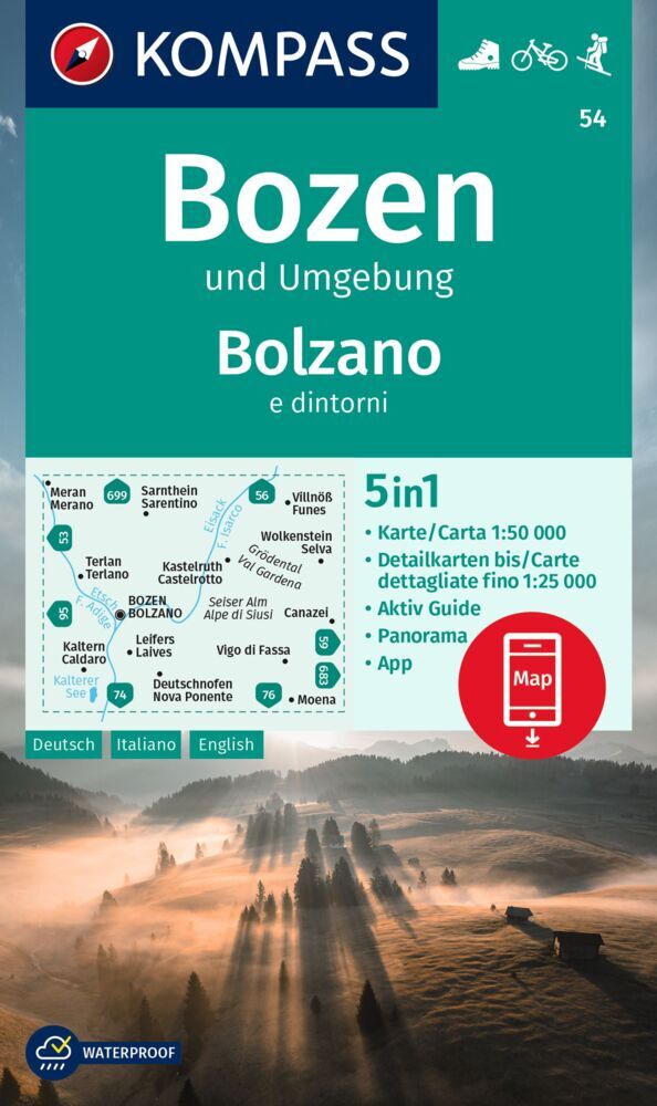 KOMPASS Wanderkarte 54 Bozen und Umgebung / Bolzano e dintorni 1:50.000 main product photo