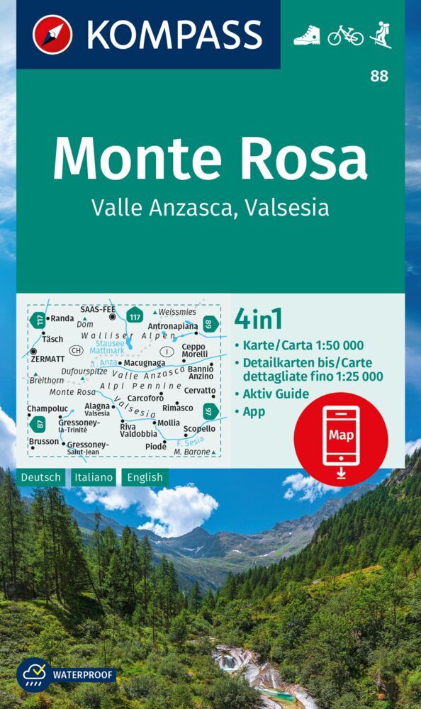 KOMPASS Wanderkarte 88 Monte Rosa, Valle Anzasca, Valsesia 1:50.000 main product photo