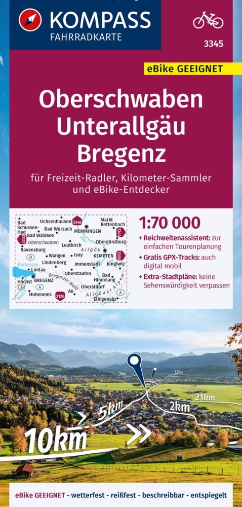KOMPASS Fahrradkarte 3345 Oberschwaben, Unterallgäu, Bregenz 1:70.000 main product photo
