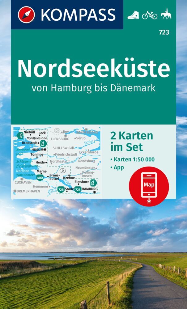 KOMPASS Wanderkarten-Set 723 Nordseeküste von Hamburg bis Dänemark (2 Karten) 1:50.000 main product photo