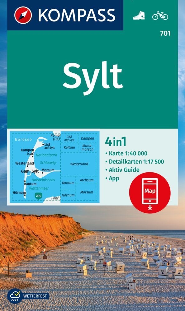 KOMPASS Wanderkarte 701 Sylt mit Ortsplänen 1:40.000 main product photo