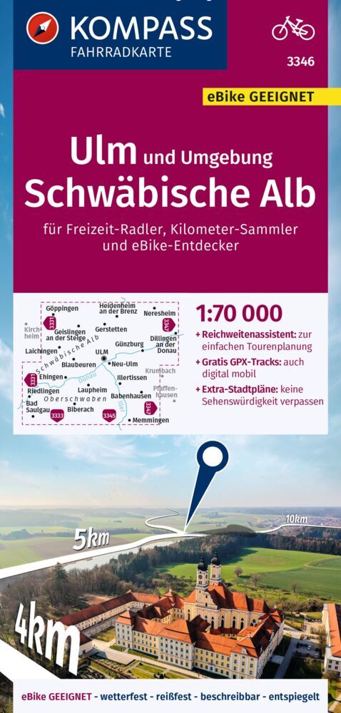 KOMPASS Fahrradkarte 3346 Ulm und Umgebung, Schwäbische Alb 1:70.000 main product photo