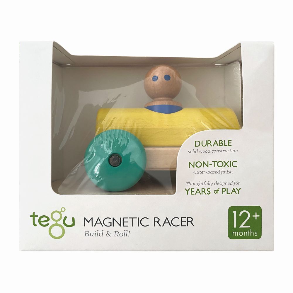 TEGU - Magnetische Holzbausteine Baby Rennwagen gelb grün main product photo