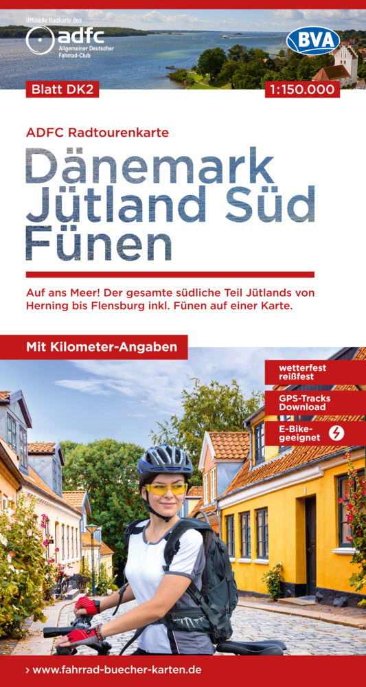 ADFC-Radtourenkarte DK2 Dänemark/Jütland Süd/ Fünen 1:150.000, reiß- und wetterfest, E-Bike geeignet, GPS-Tracks Download, mit Bett+Bike Symbolen, mit Kilometer-Angaben main product photo