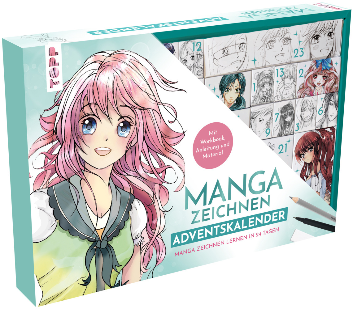 Manga zeichnen Adventskalender - Manga zeichnen lernen in 24 Tagen. Mit Anleitungsbuch, Workbook und Zeichenmaterial main product photo