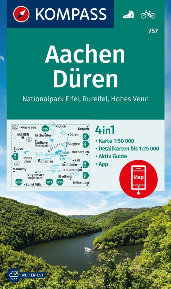 KOMPASS Wanderkarte 757 Aachen, Düren, Nationalpark Eifel, Rureifel, Hohes Venn 1:50.000 main product photo