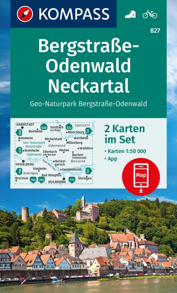 KOMPASS Wanderkarten-Set 827 Bergstraße-Odenwald, Neckartal, Geo-Naturpark Bergstraße-Odenwald (2 Karten) 1:50.000 main product photo