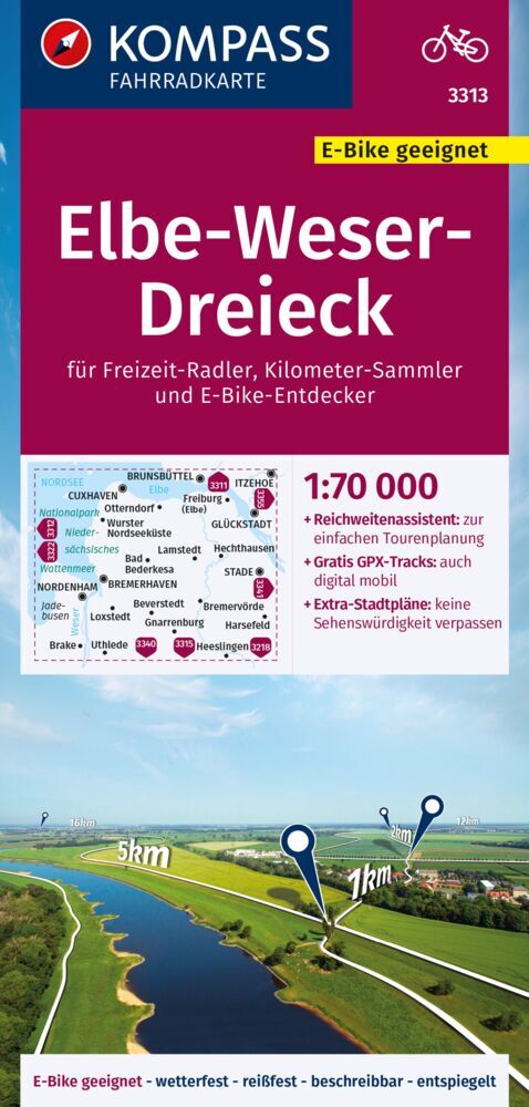 KOMPASS Fahrradkarte 3313 Elbe-Weser-Dreieck 1:70.000 main product photo