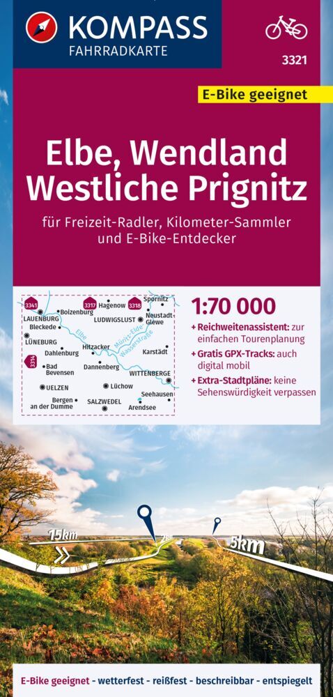 KOMPASS Fahrradkarte 3321 Elbe, Wendland, Westliche Prignitz 1:70.000 main product photo