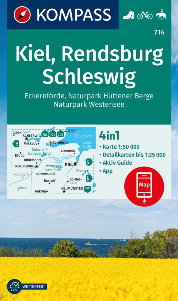 KOMPASS Wanderkarte 714 Kiel, Rendsburg, Schleswig 1:50.000 main product photo