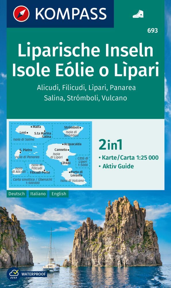 KOMPASS Wanderkarte 693 Liparische Inseln, Isole Eólie o Lìpari, Alicudi, Filicudi, Lìpari, Panarea, Salina, Strómboli, Vulcano 1:25.000 main product photo