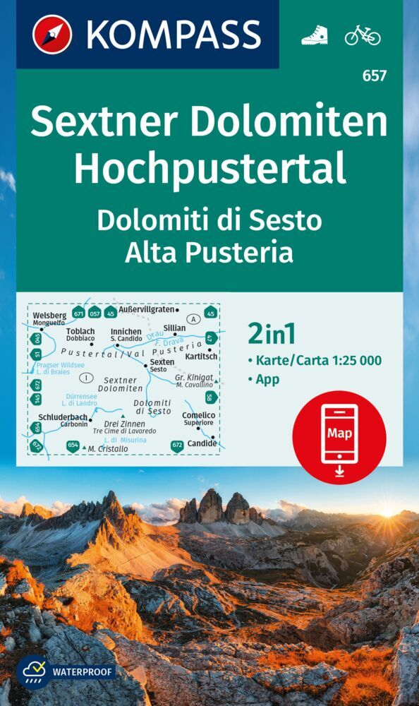 KOMPASS Wanderkarte 657 Sextner Dolomiten, Hochpustertal / Dolomiti di Sesto, Alta Pusteria 1:25.000 main product photo