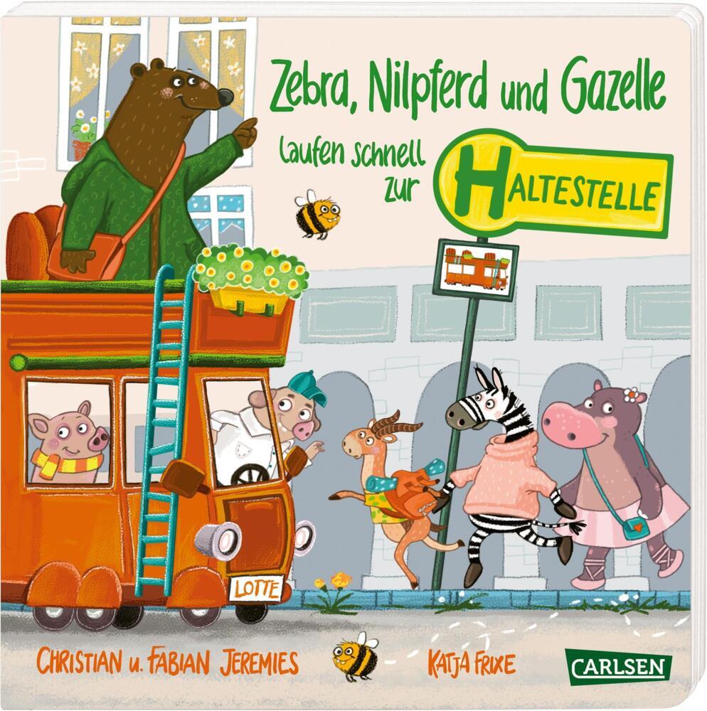 Zebra, Nilpferd und Gazelle laufen schnell zur ... Haltestelle! main product photo