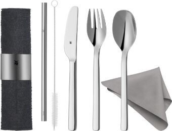 WMF my2Go Besteck Set 8-teilig, Outdoor Reisebesteck Set 1 Person, Campingbesteck mit Etui, Wanderbesteck umweltfreundlich, Strohhalm, Reinigungsbürste, Geschenk