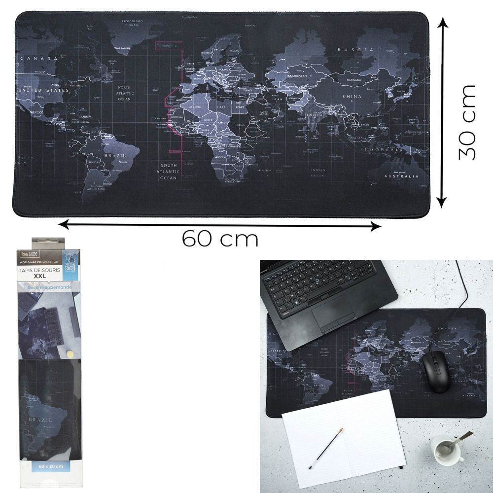 Mousepad XXL Motiv Weltkarte, ca. 60 x 30 cm, schwarze Grundfarbe, Elastomer-Gummi main product photo