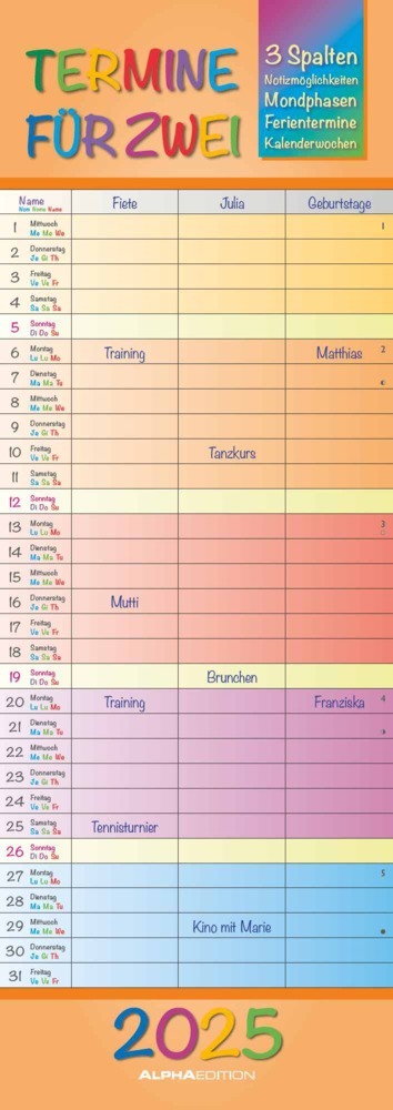 Alpha Edition - Regenbogen 2025 Familienplaner für 2, 15x42,cm, Familienkalender mit 3 Spalten für Termine und Notizmöglichkeiten, Mondphasen und Ferientermine DE/AT/CH main product photo
