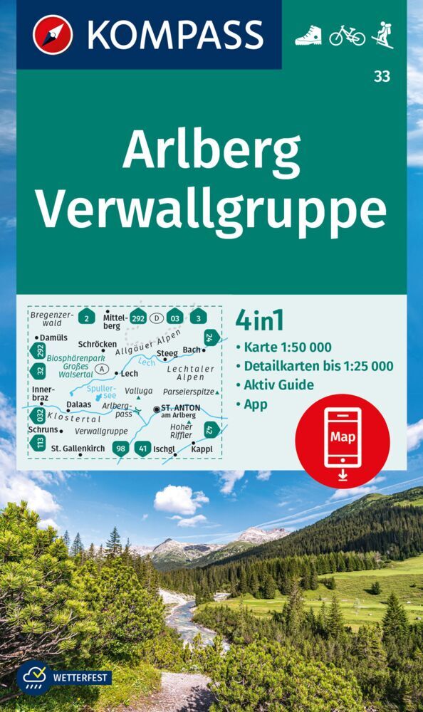 KOMPASS Wanderkarte 33 Arlberg, Verwallgruppe 1:50.000 main product photo
