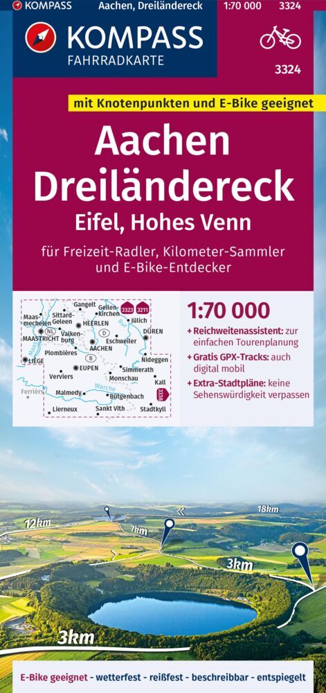 KOMPASS Fahrradkarte 3324 Aachen, Dreiländereck, Eifel, Hohes Venn mit Knotenpunkten 1:70.000 main product photo