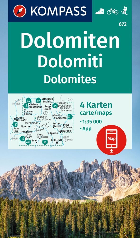 KOMPASS Wanderkarten-Set 672 Dolomiten, Dolomiti, Dolomites (4 Karten) 1:35.000 main product photo