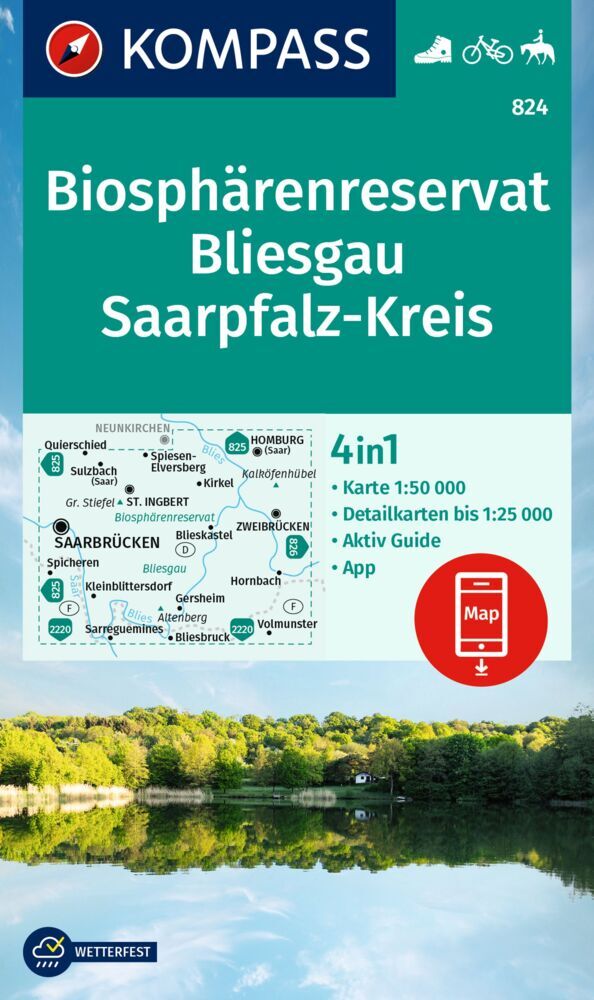 KOMPASS Wanderkarte 824 Biosphärenreservat Bliesgau & Saarpfalz-Kreis 1:25.000 main product photo