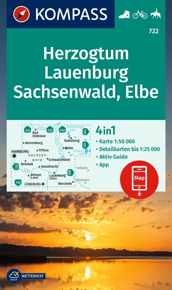 KOMPASS Wanderkarte 722 Herzogtum Lauenburg, Sachsenwald, Elbe 1:50.000 main product photo