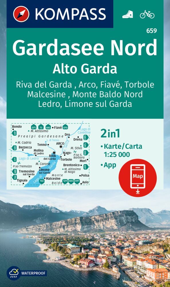 KOMPASS Wanderkarte 659 Gardasee Nord / Alto Garda, Riva del Garda, Arco, Fiavé, Torbole, Malcesine, Monte Baldo Nord, Ledro, Limone sul Garda 1:25.000 main product photo
