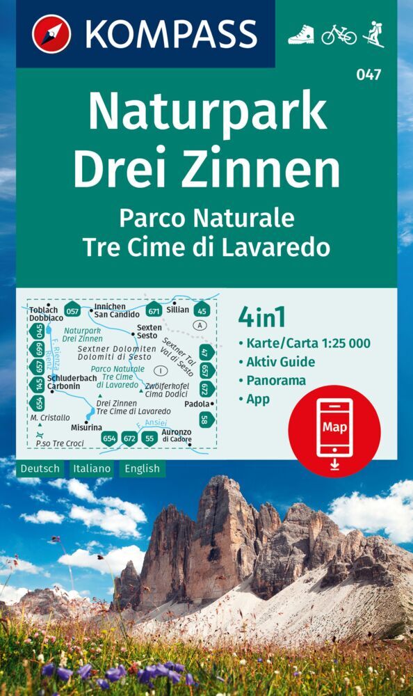 KOMPASS Wanderkarte 047 Naturpark Drei Zinnen, Parco Naturale Tre Cime di Lavaredo 1:25.000 main product photo