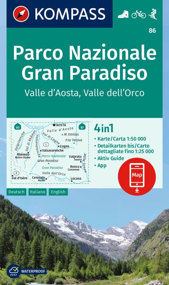 KOMPASS Wanderkarte 86 Parco Nazionale Gran Paradiso, Valle d'Aosta, Valle dell'Orco 1:50.000 main product photo