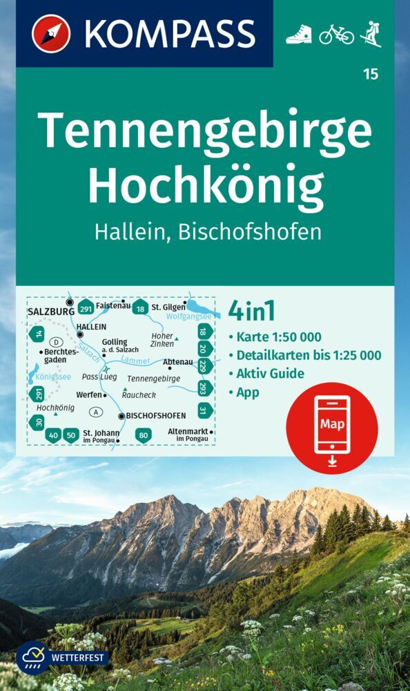 KOMPASS Wanderkarte 15 Tennengebirge, Hochkönig, Hallein, Bischofshofen 1:50.000 main product photo