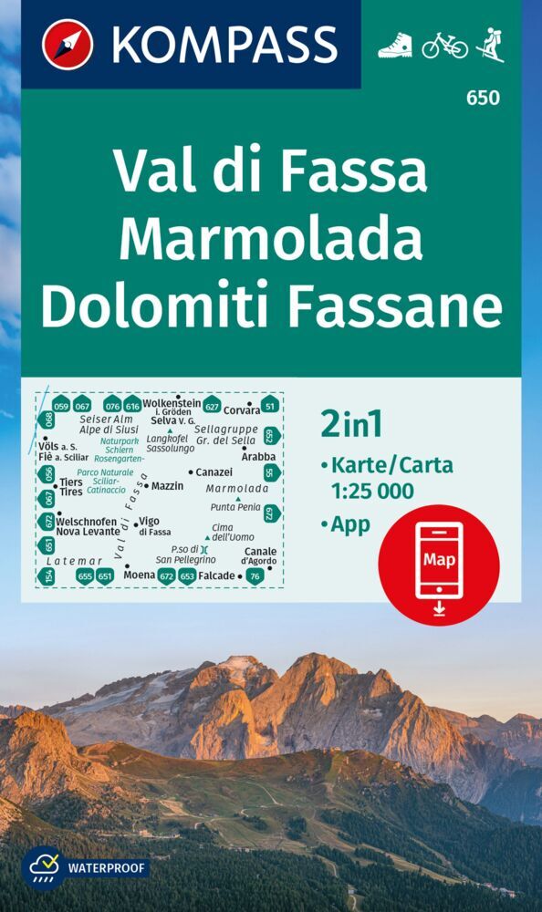 KOMPASS Wanderkarte 650 Val di Fassa, Marmolada, Dolomiti Fassane 1:25.000 main product photo
