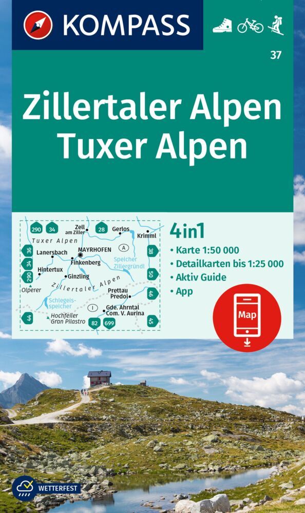 KOMPASS Wanderkarte 37 Zillertaler Alpen, Tuxer Alpen 1:50.000 main product photo