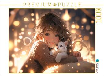 CALVENDO Puzzle Manga Illustration - Mädchen kuschelt mit Katze | 1000 Teile Lege-Größe 64x48cm Foto-Puzzle für glückliche Stunden
