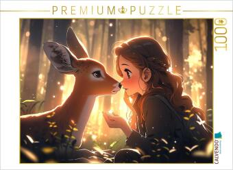 CALVENDO Puzzle Manga Illustration - Mädchen mit Reh im Wald | 1000 Teile Lege-Größe 64x48cm Foto-Puzzle für glückliche Stunden