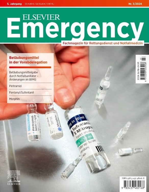 ELSEVIER Emergency. Betäubungsmittel in der Vorabdelegation. 3/2024: Fachmagazin für Rettungsdienst und Notfallmedizin main product photo