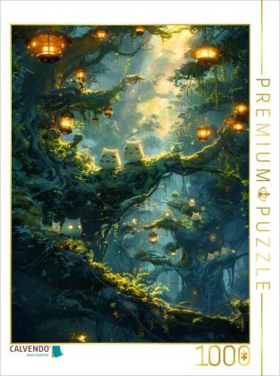 CALVENDO Puzzle Nachts im Wald - Waldgeister im Anime Stil | 1000 Teile Lege-Größe 64x48cm Foto-Puzzle für glückliche Stunden