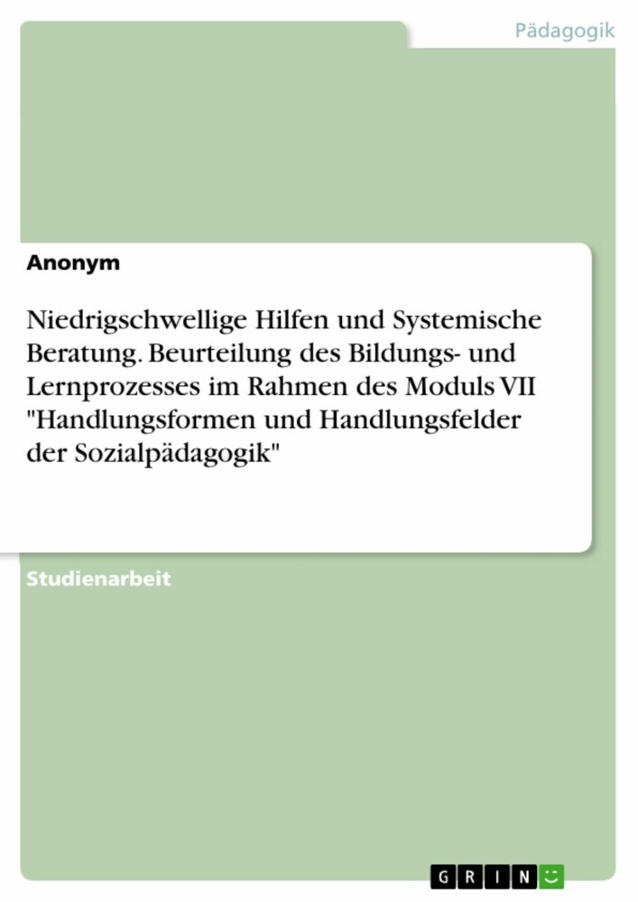Niedrigschwellige Hilfen und Systemische Beratung. Beurteilung des Bildungs- und Lernprozesses im Rahmen des Moduls VII 'Handlungsformen und Handlungsfelder der Sozialpädagogik' main product photo